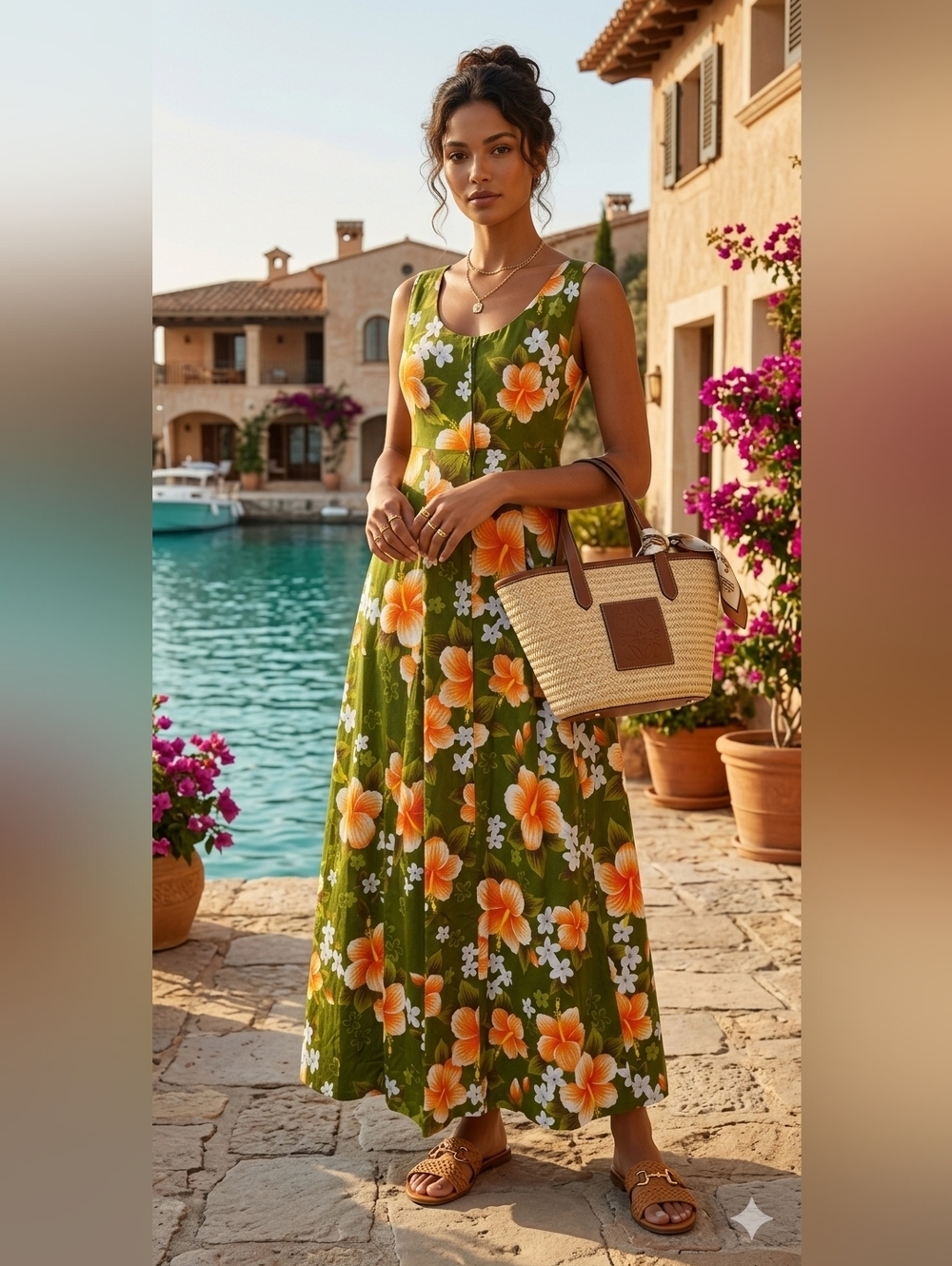 Made in Hawaii Tropical Floral Maxi Dress Olive Green Orange Hibiscus Cotton